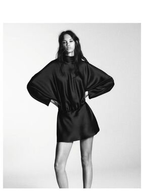Zara Black Satin Mini Dress with Batwing Sleeves